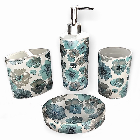 Floral Bath  Accessory Ceramic Set Sun Splash Collection White Blue 4 Piece Set - Picture 7 of 9